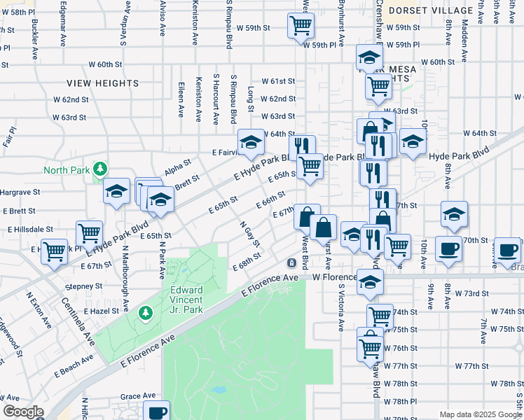 map of restaurants, bars, coffee shops, grocery stores, and more near 1034 East 66th Street in Inglewood