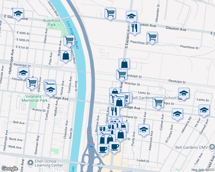 map of restaurants, bars, coffee shops, grocery stores, and more near 5555 Lanto Street in Bell Gardens