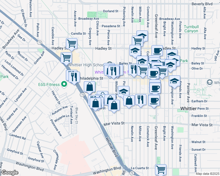 map of restaurants, bars, coffee shops, grocery stores, and more near 7038 Pierce Avenue in Whittier