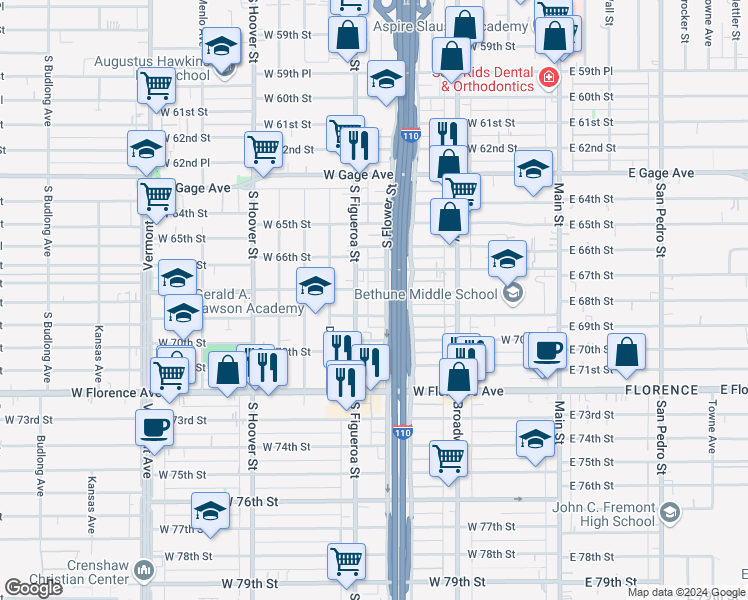 map of restaurants, bars, coffee shops, grocery stores, and more near 440 West 68th Street in Los Angeles