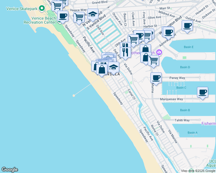 map of restaurants, bars, coffee shops, grocery stores, and more near 3305 Ocean Front Walk in Marina del Rey