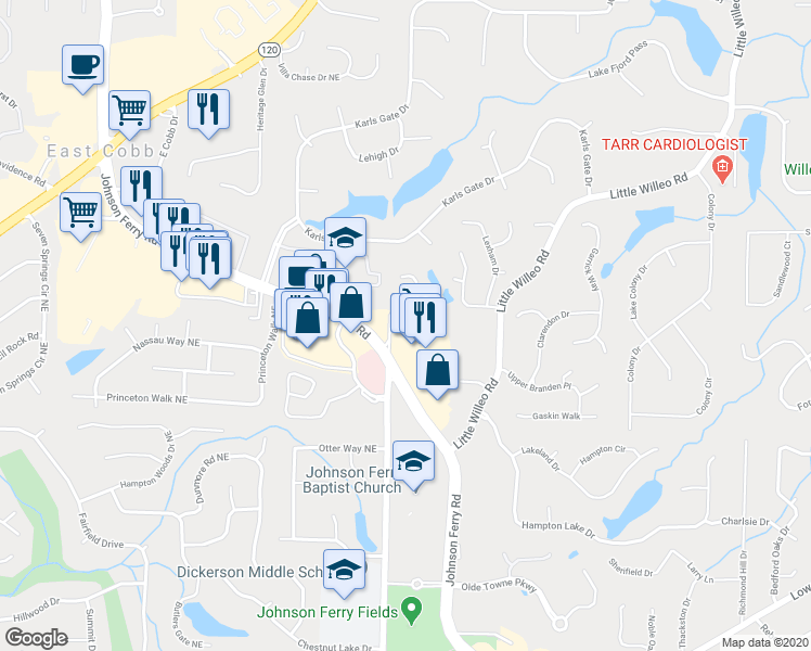 map of restaurants, bars, coffee shops, grocery stores, and more near 1150 Woodlawn Dr NE in Marietta