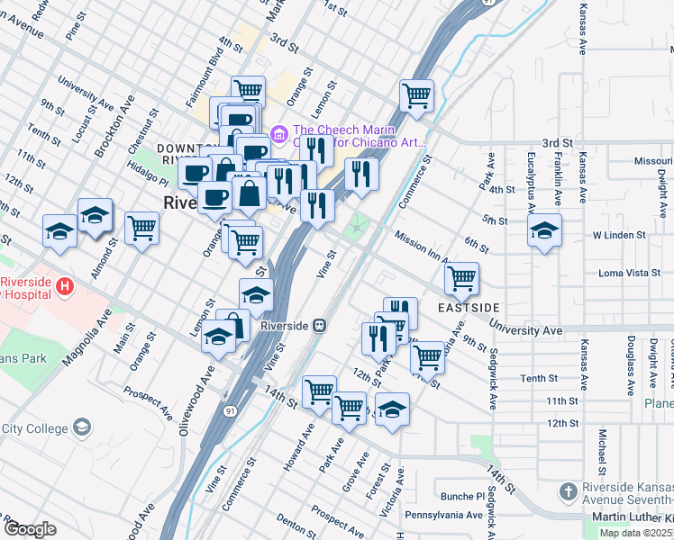 map of restaurants, bars, coffee shops, grocery stores, and more near 2598 Santa Fe Avenue in Riverside