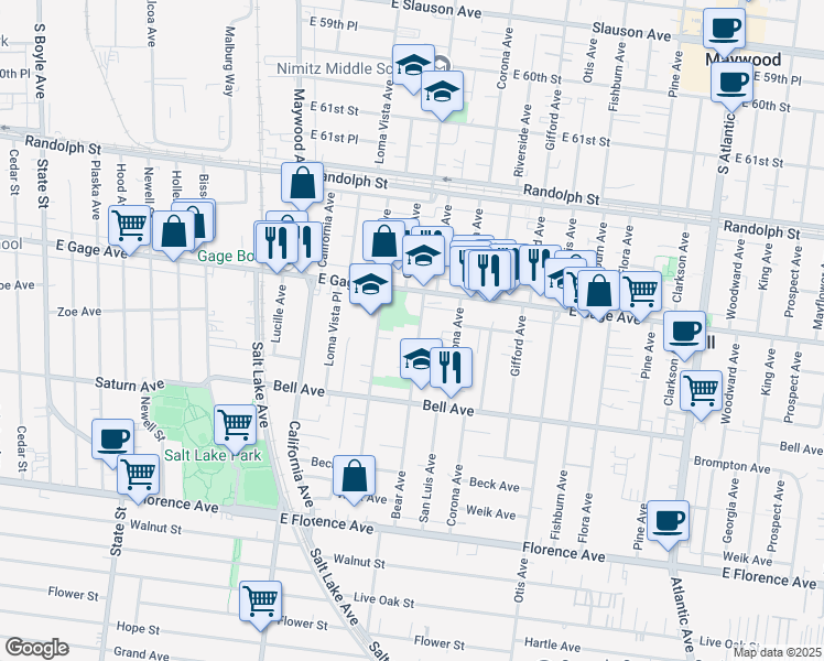 map of restaurants, bars, coffee shops, grocery stores, and more near 6515 Bear Avenue in Bell