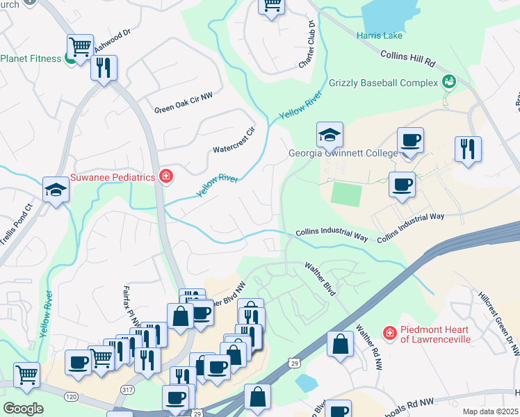 map of restaurants, bars, coffee shops, grocery stores, and more near 424 Yellow River Walk in Lawrenceville