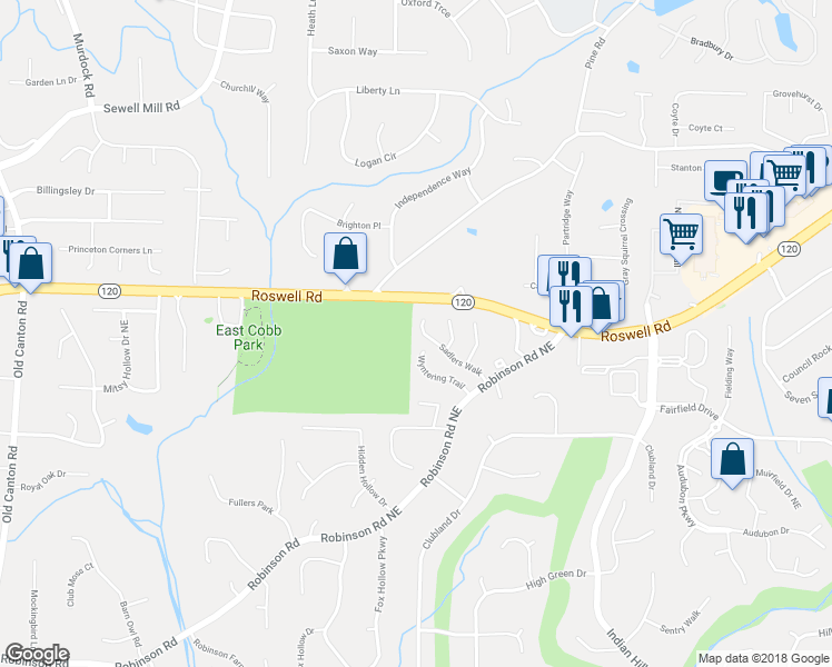 map of restaurants, bars, coffee shops, grocery stores, and more near 3608 Sadlers Walk in Marietta