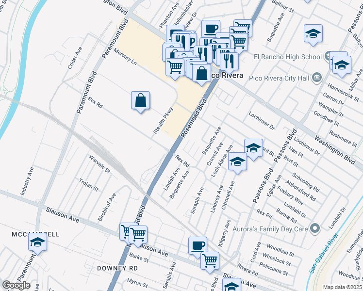 map of restaurants, bars, coffee shops, grocery stores, and more near 7346 Rosemead Boulevard in Pico Rivera
