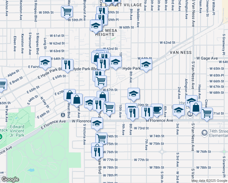 map of restaurants, bars, coffee shops, grocery stores, and more near 3220 West 67th Street in Los Angeles