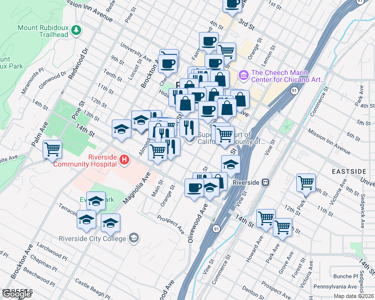 map of restaurants, bars, coffee shops, grocery stores, and more near 2813 12th Street in Riverside