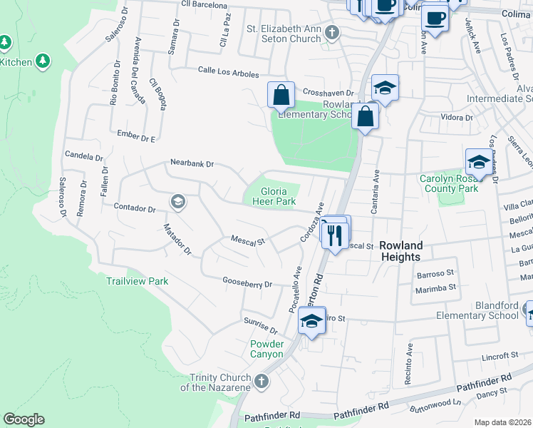 map of restaurants, bars, coffee shops, grocery stores, and more near 18044 Gallineta Street in Rowland Heights