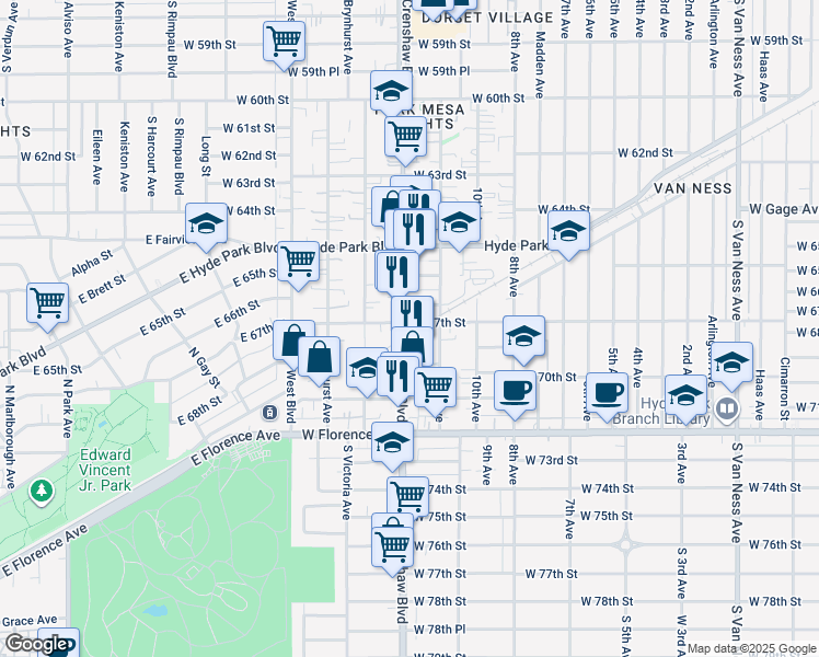 map of restaurants, bars, coffee shops, grocery stores, and more near 6700 Crenshaw Boulevard in Los Angeles