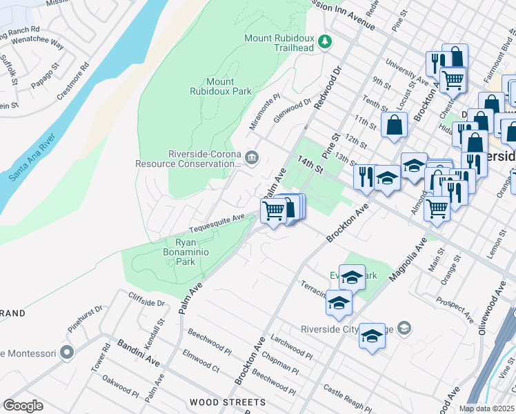 map of restaurants, bars, coffee shops, grocery stores, and more near 4591 Palm Avenue in Riverside