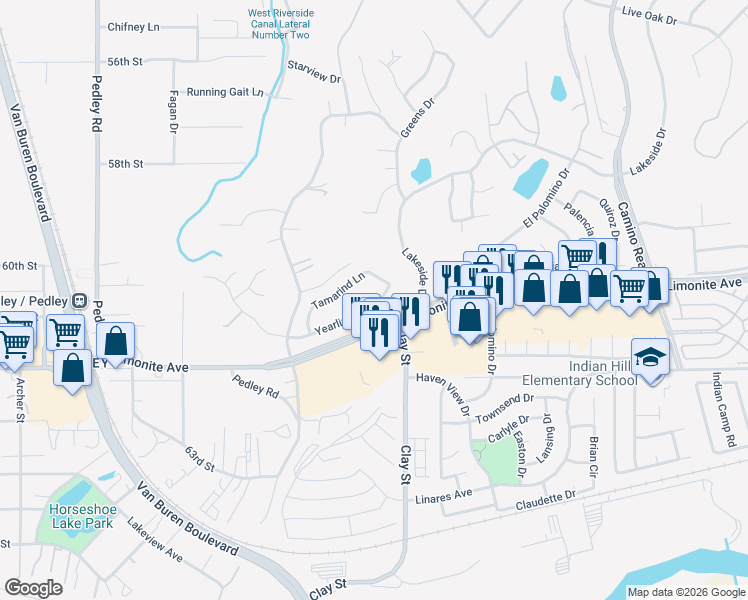 map of restaurants, bars, coffee shops, grocery stores, and more near 8229 Yearling Way in Riverside