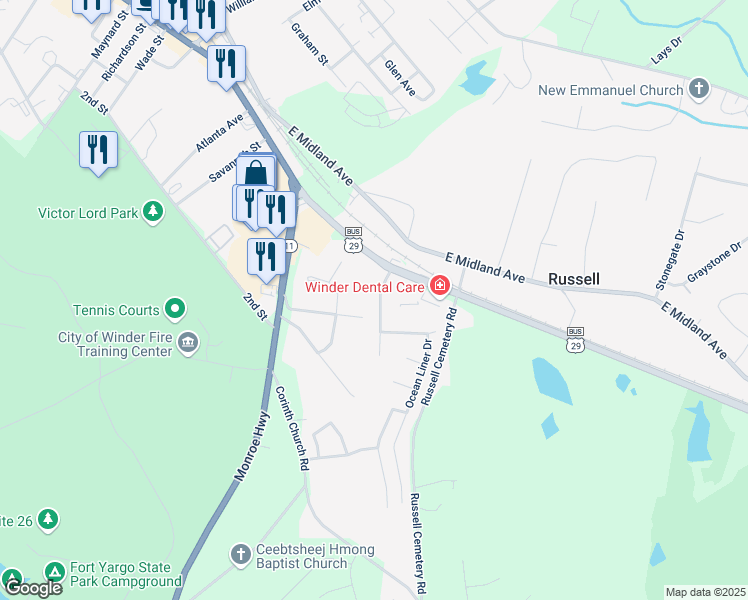 map of restaurants, bars, coffee shops, grocery stores, and more near 31 Lighthouse Drive in Winder