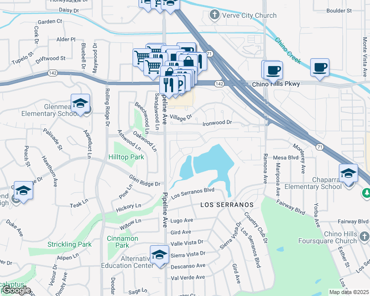 map of restaurants, bars, coffee shops, grocery stores, and more near 15111 Pipeline Avenue in Chino Hills