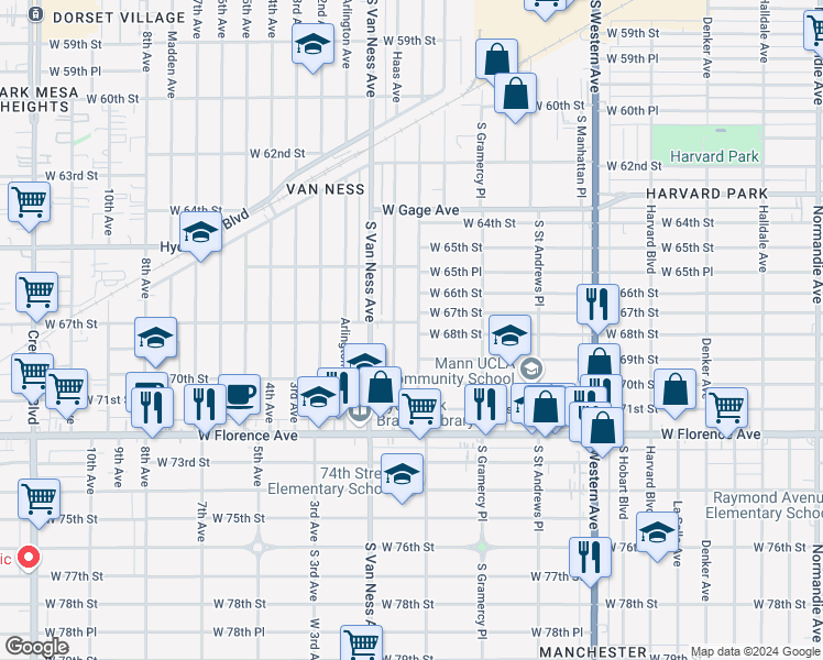 map of restaurants, bars, coffee shops, grocery stores, and more near 6721 Cimarron Street in Los Angeles