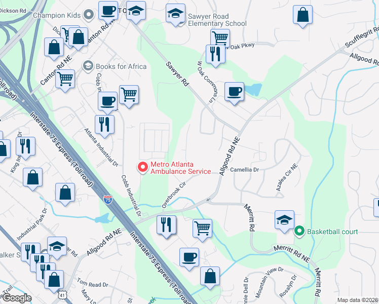 map of restaurants, bars, coffee shops, grocery stores, and more near 1072 Brook Avenue in Marietta