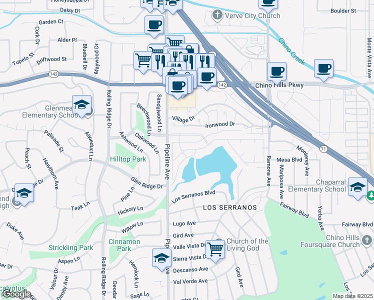 map of restaurants, bars, coffee shops, grocery stores, and more near 15111 Pipeline Avenue in Chino Hills