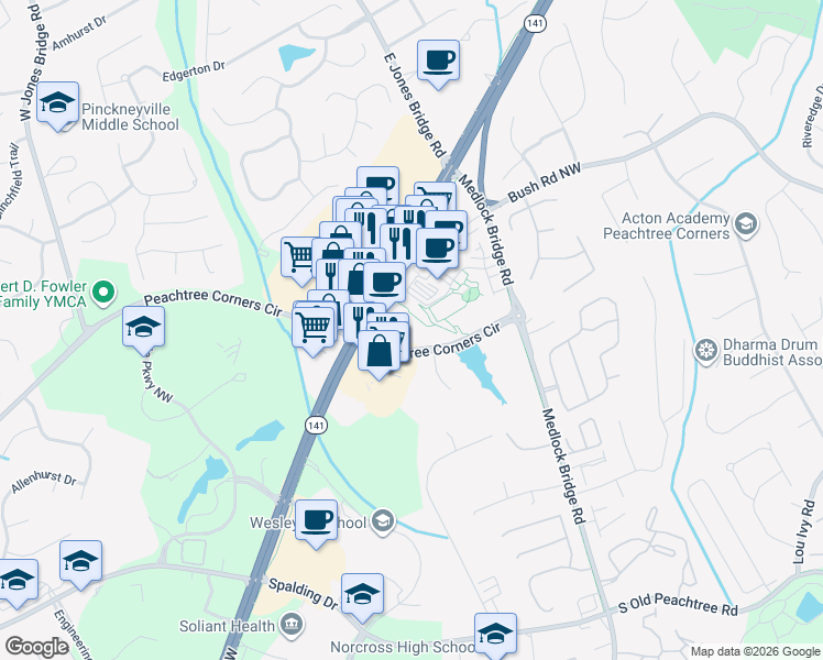 map of restaurants, bars, coffee shops, grocery stores, and more near 5246 Peachtree Parkway in Norcross