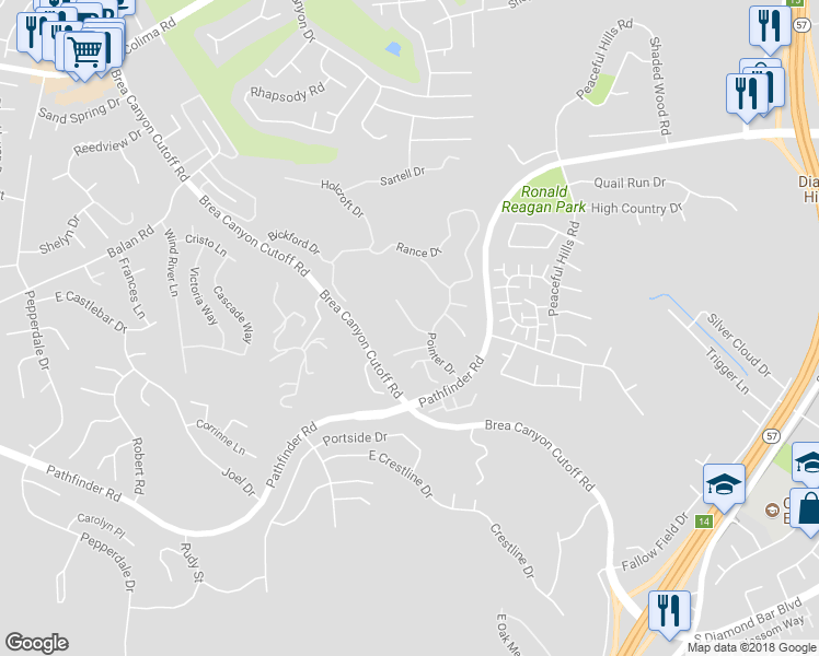 map of restaurants, bars, coffee shops, grocery stores, and more near 20442 Thrust Drive in Walnut
