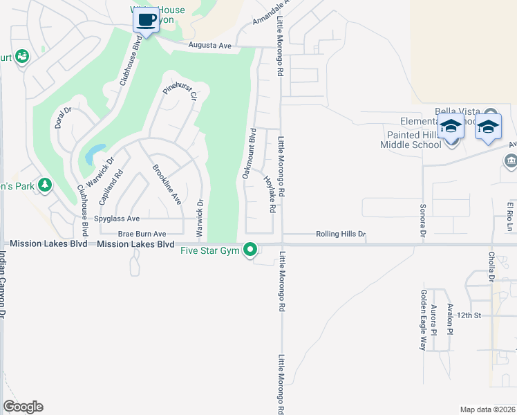 map of restaurants, bars, coffee shops, grocery stores, and more near 64861 Burke Court in Desert Hot Springs