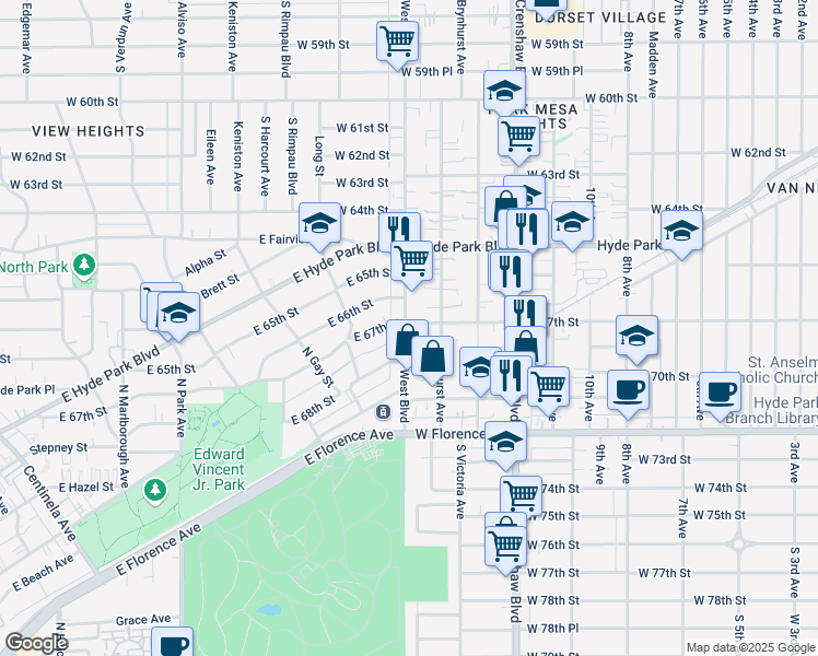 map of restaurants, bars, coffee shops, grocery stores, and more near 6700 West Boulevard in Los Angeles