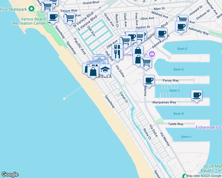 map of restaurants, bars, coffee shops, grocery stores, and more near 3400 Pacific Avenue in Marina del Rey
