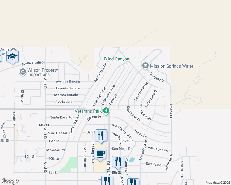map of restaurants, bars, coffee shops, grocery stores, and more near 9699 Palm Drive in Desert Hot Springs