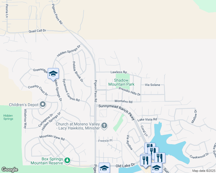map of restaurants, bars, coffee shops, grocery stores, and more near 9840 Via Montara in Moreno Valley