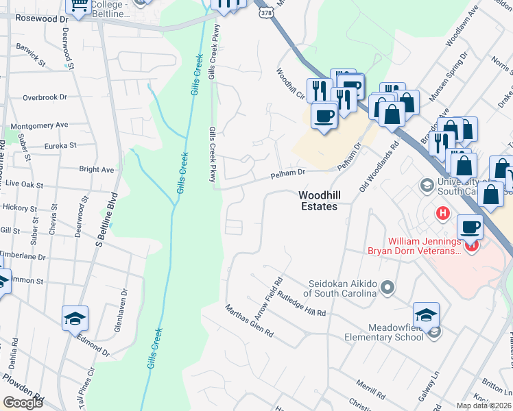 map of restaurants, bars, coffee shops, grocery stores, and more near 5817 Indian Mound Road in Columbia