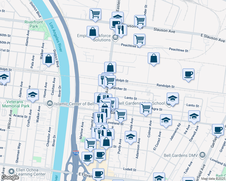 map of restaurants, bars, coffee shops, grocery stores, and more near 6211 Ajax Avenue in Bell Gardens