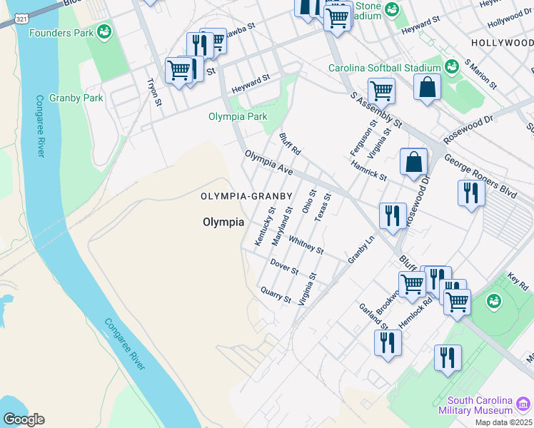 map of restaurants, bars, coffee shops, grocery stores, and more near 635 Kentucky Street in Columbia