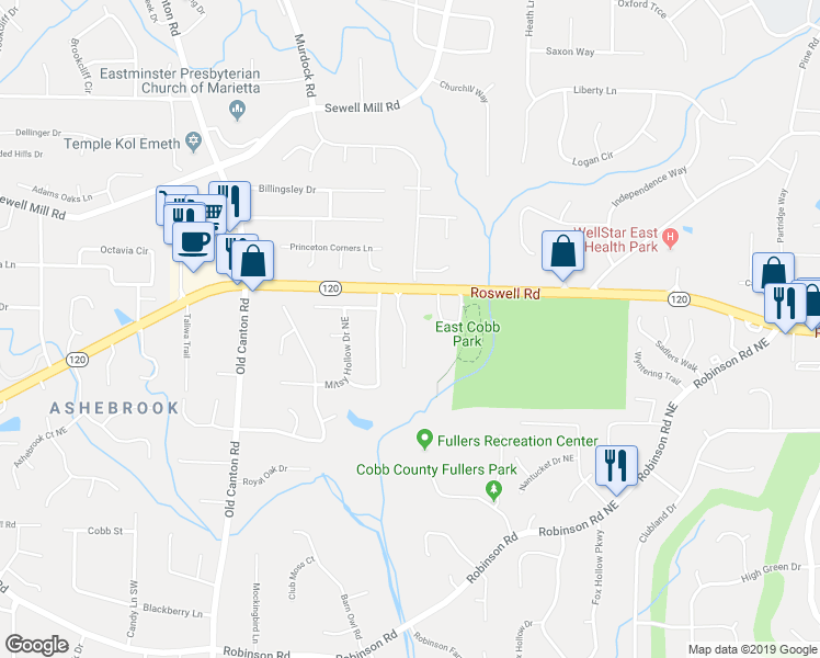 map of restaurants, bars, coffee shops, grocery stores, and more near 1182 Manor Crest Court Northeast in Marietta