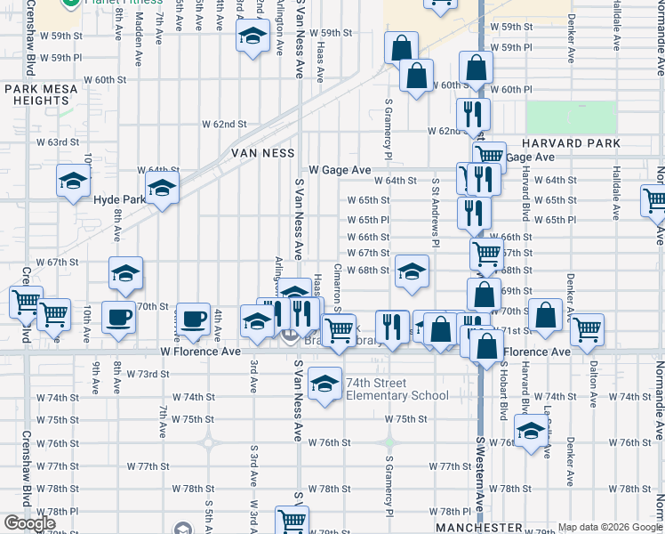 map of restaurants, bars, coffee shops, grocery stores, and more near 6721 Cimarron Street in Los Angeles