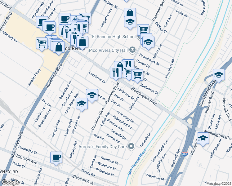 map of restaurants, bars, coffee shops, grocery stores, and more near 9411 Nan Street in Pico Rivera