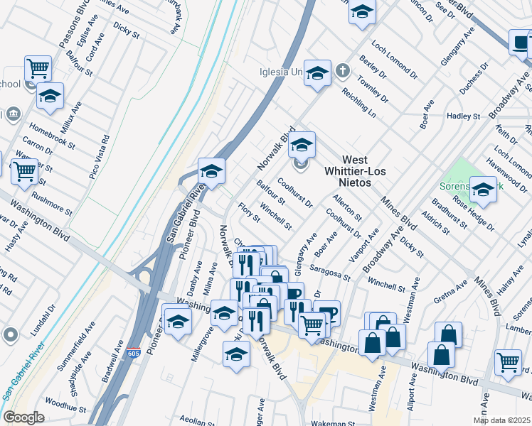 map of restaurants, bars, coffee shops, grocery stores, and more near 10924 Winchell Street in Whittier