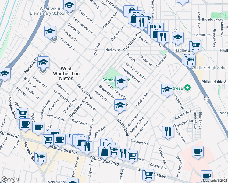 map of restaurants, bars, coffee shops, grocery stores, and more near 11472 Rose Hedge Drive in Whittier