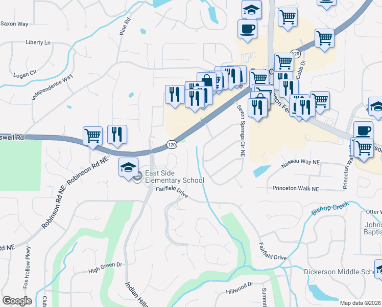 map of restaurants, bars, coffee shops, grocery stores, and more near 1170 Fielding Way in Marietta