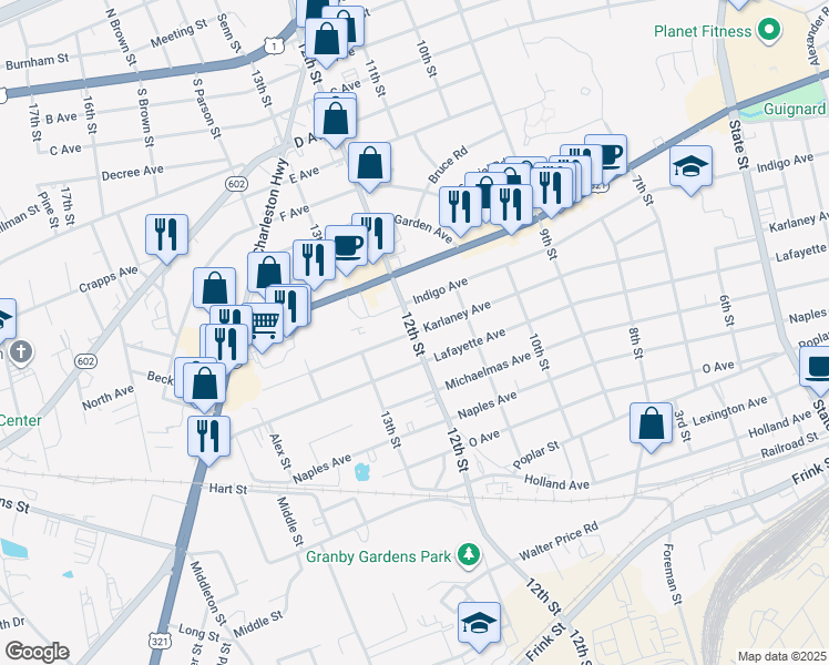 map of restaurants, bars, coffee shops, grocery stores, and more near 1214 Karlaney Avenue in Cayce