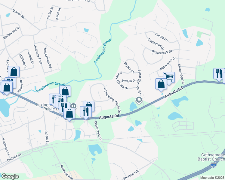map of restaurants, bars, coffee shops, grocery stores, and more near 109 Pebble Pl Ct in Lexington