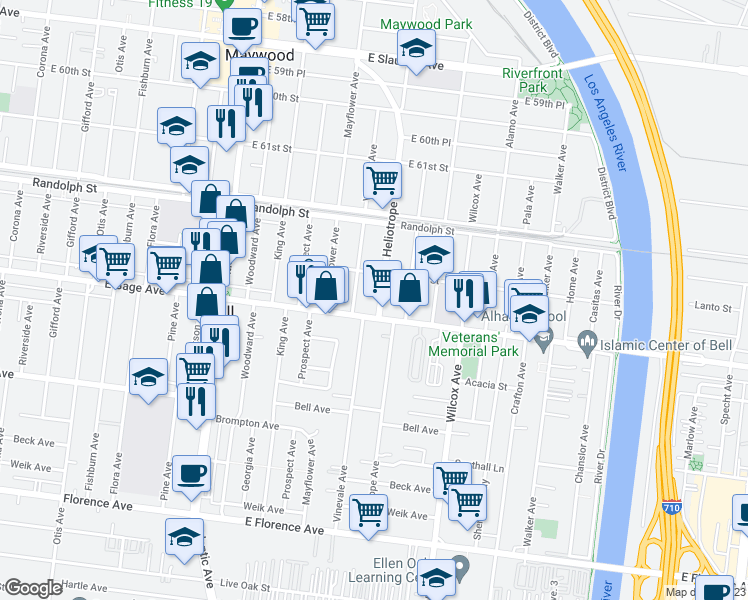map of restaurants, bars, coffee shops, grocery stores, and more near 6333 Heliotrope Avenue in Bell
