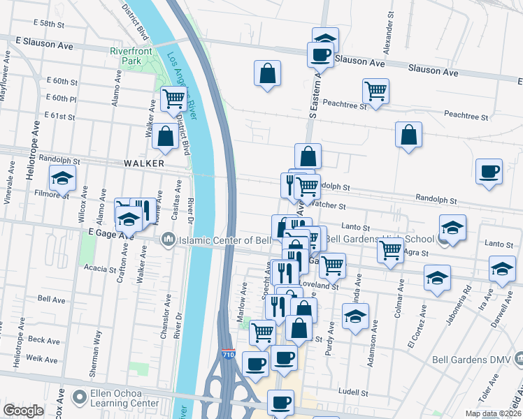 map of restaurants, bars, coffee shops, grocery stores, and more near 5555 Lanto Street in Bell Gardens