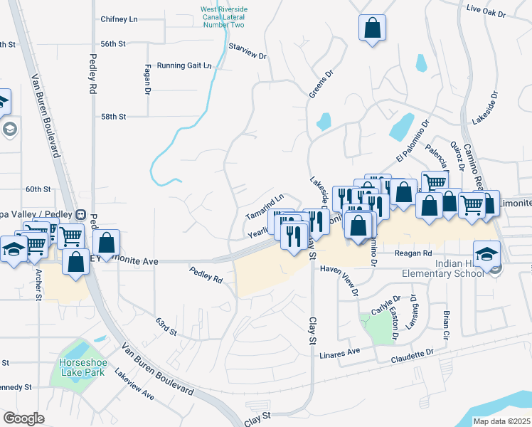map of restaurants, bars, coffee shops, grocery stores, and more near 8340 Tamarind Lane in Riverside