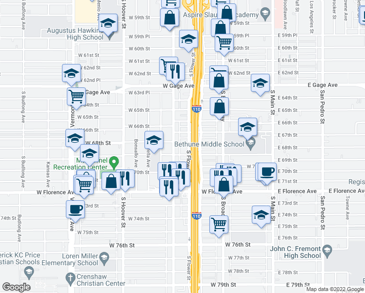 map of restaurants, bars, coffee shops, grocery stores, and more near 440 West 68th Street in Los Angeles