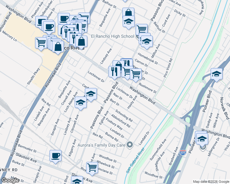 map of restaurants, bars, coffee shops, grocery stores, and more near 9411 Nan Street in Pico Rivera
