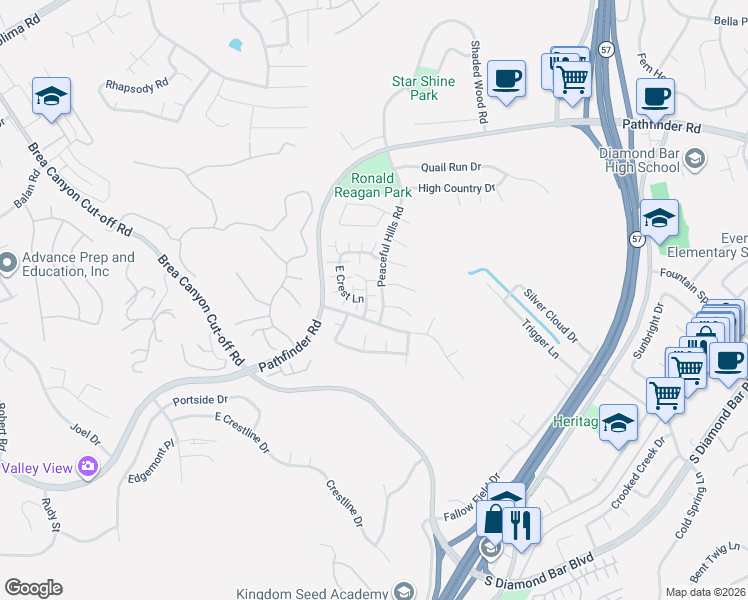 map of restaurants, bars, coffee shops, grocery stores, and more near 2634 South Quarry Lane in Walnut