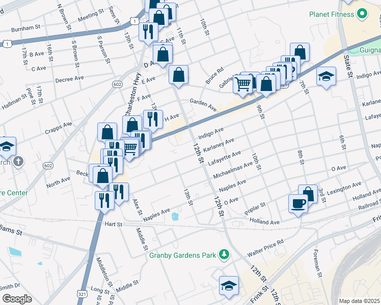 map of restaurants, bars, coffee shops, grocery stores, and more near 1214 Karlaney Avenue in Cayce