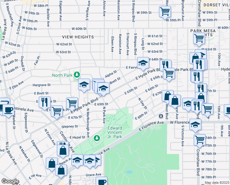 map of restaurants, bars, coffee shops, grocery stores, and more near 914 East Hyde Park Boulevard in Inglewood