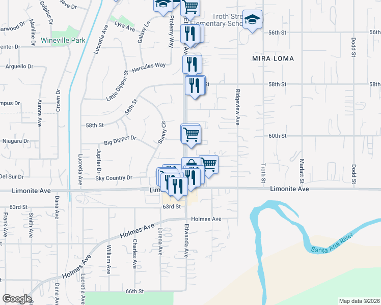 map of restaurants, bars, coffee shops, grocery stores, and more near 6072 Etiwanda Avenue in Jurupa Valley