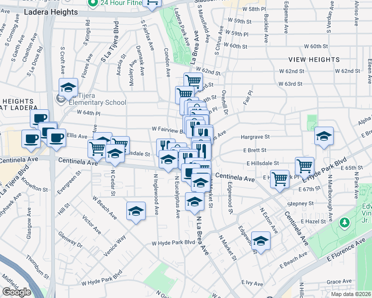 map of restaurants, bars, coffee shops, grocery stores, and more near 120 West Ellis Avenue in Inglewood